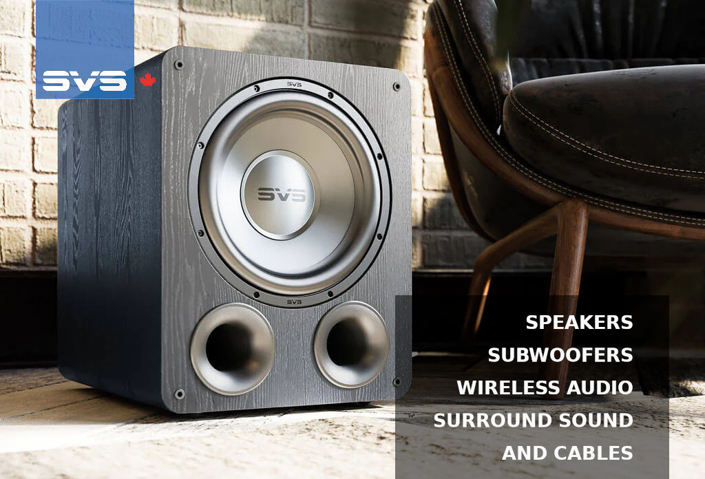 SVS subwoofer next to an elegan wood and leather accent chair. SVS blue square logo. List of products: speakers, subwoofers, wireless audio, surround sound and cables.