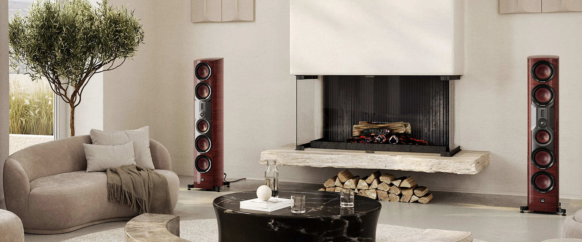 EPIKORE 11 floor standing speakers in maroon finish.