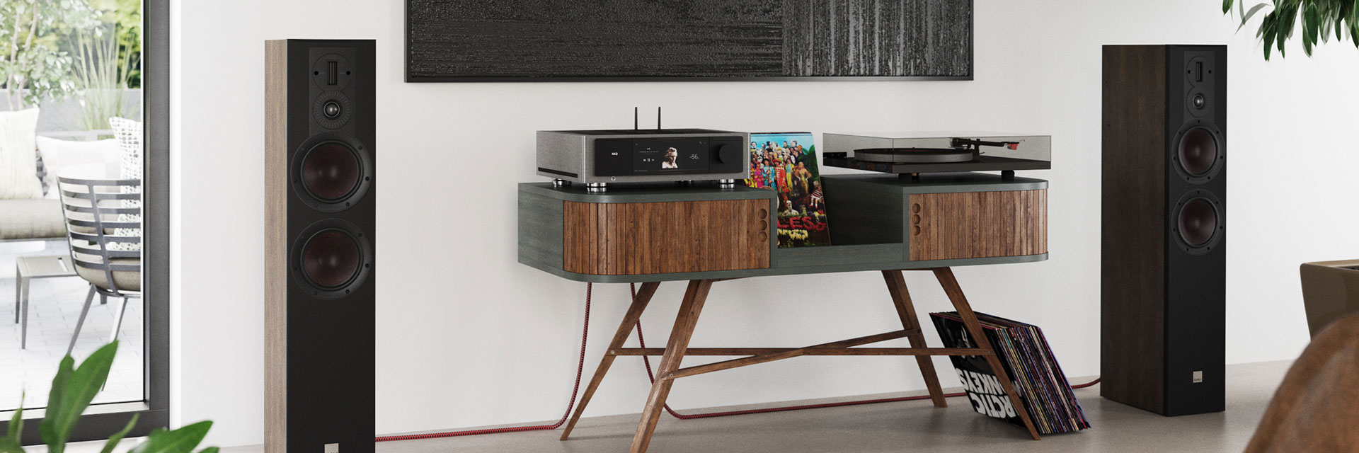 DALI OPTICON MK2 Loudspeakers in tobacco oak, NAD M33 BluOS Streaming DAC Amplifier, and C 558 Turntable.